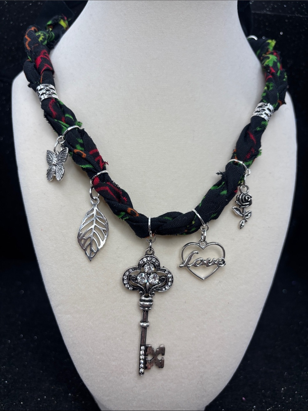 Romantic Braided Bandana Necklace Adjustable Key, Love, Rose & Butterfly Charms - Picture 3 of 6